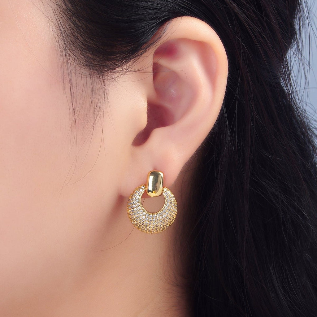 24K Gold plated Dome Micro Paved CZ Door Knocker Drop Stud Earrings in Gold & Silver | P113 P121 - DLUXCA