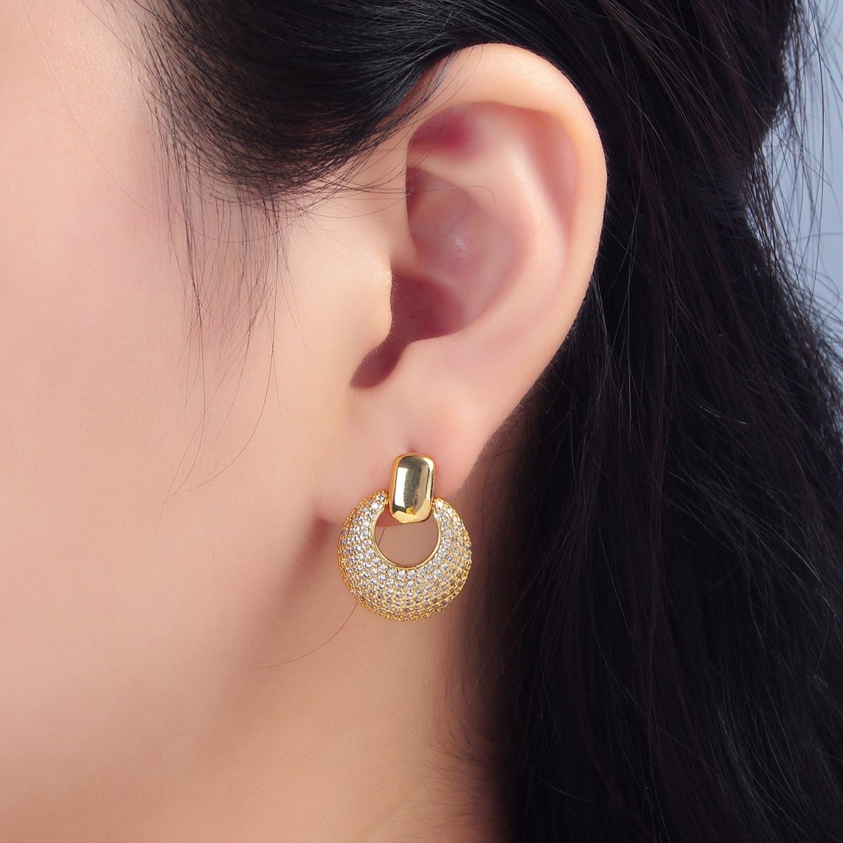 24K Gold plated Dome Micro Paved CZ Door Knocker Drop Stud Earrings in Gold & Silver | P113 P121 - DLUXCA