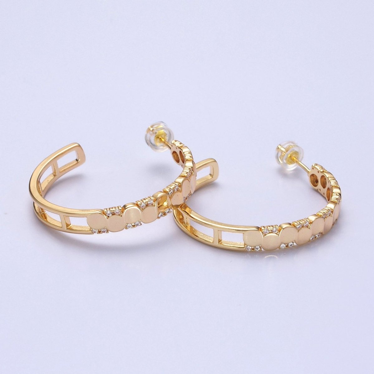 24K Gold plated Dotted CZ Geometric C-Shaped Hoop Earrings in Gold & Silver | AB352 AB353
