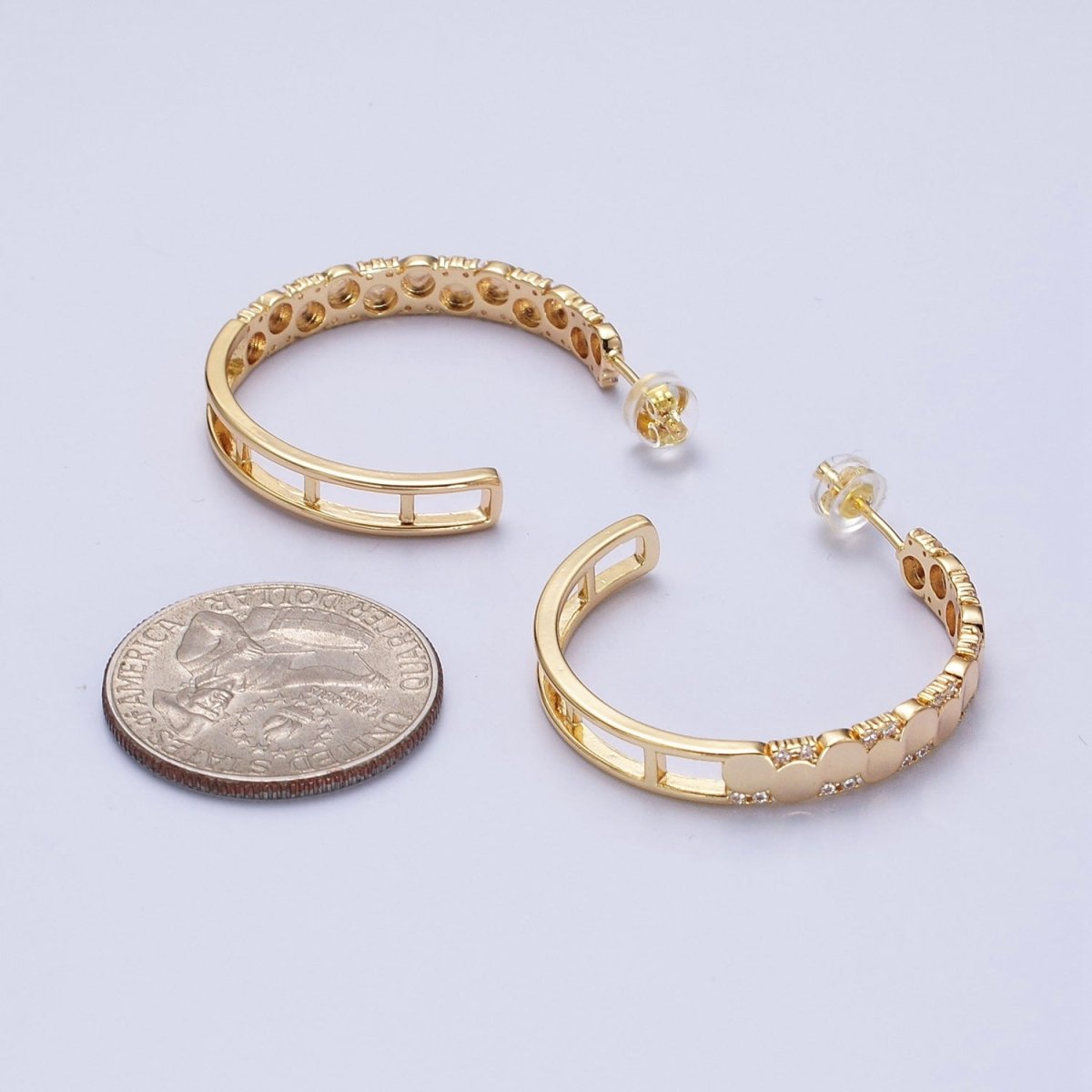 24K Gold plated Dotted CZ Geometric C-Shaped Hoop Earrings in Gold & Silver | AB352 AB353