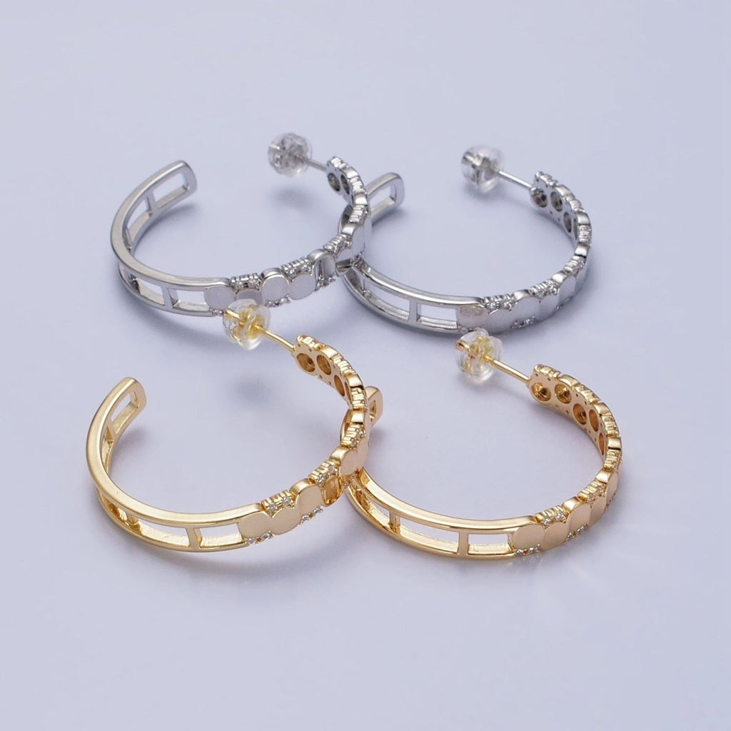 24K Gold plated Dotted CZ Geometric C-Shaped Hoop Earrings in Gold & Silver | AB352 AB353