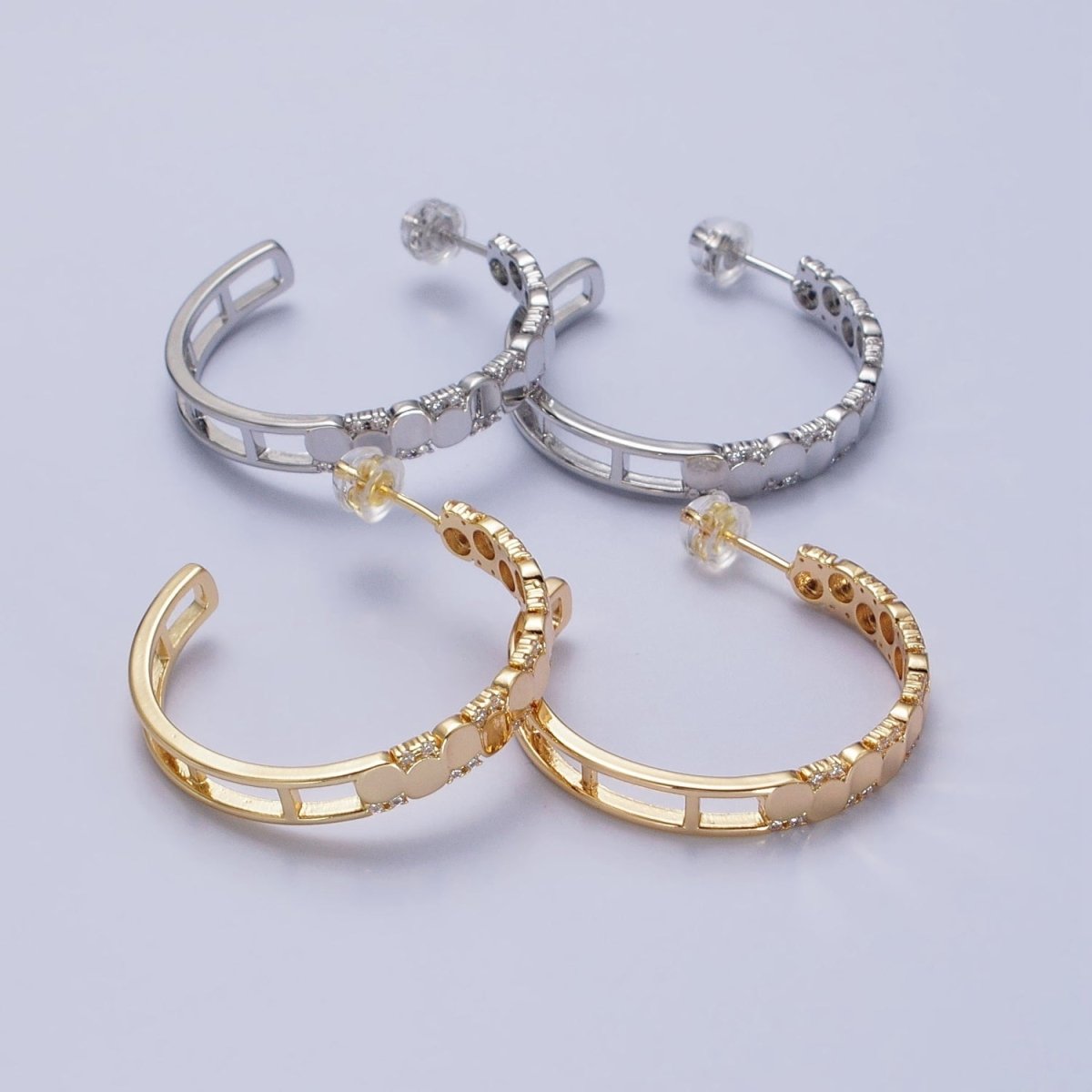 24K Gold plated Dotted CZ Geometric C-Shaped Hoop Earrings in Gold & Silver | AB352 AB353