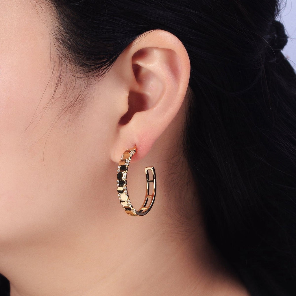 24K Gold plated Dotted CZ Geometric C-Shaped Hoop Earrings in Gold & Silver | AB352 AB353