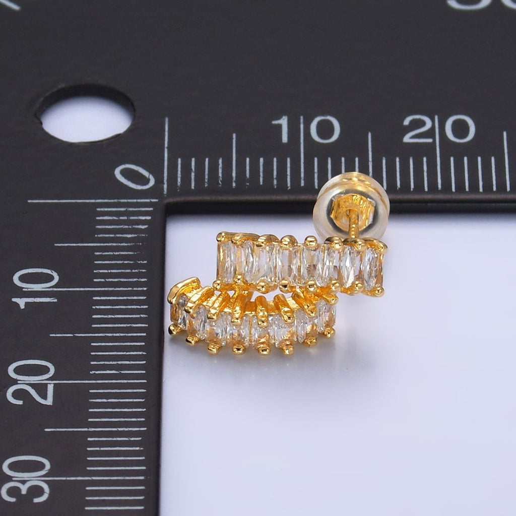 24K Gold plated Double Baguette CZ Linear C - Shaped Hoop Earring | AB1009 - DLUXCA