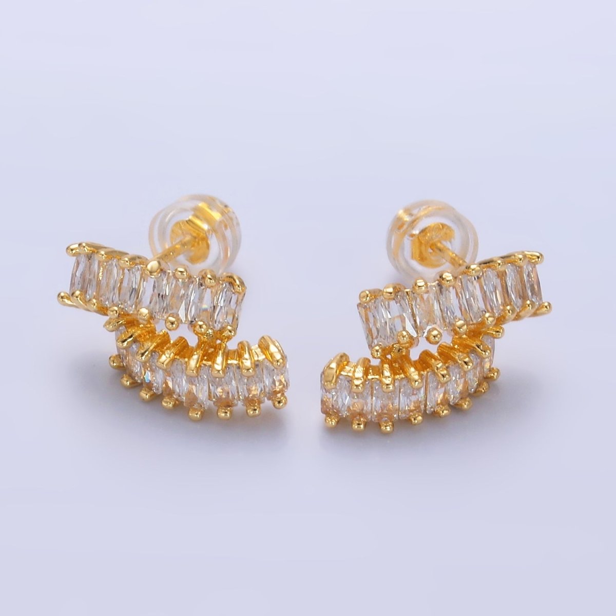 24K Gold plated Double Baguette CZ Linear C - Shaped Hoop Earring | AB1009 - DLUXCA