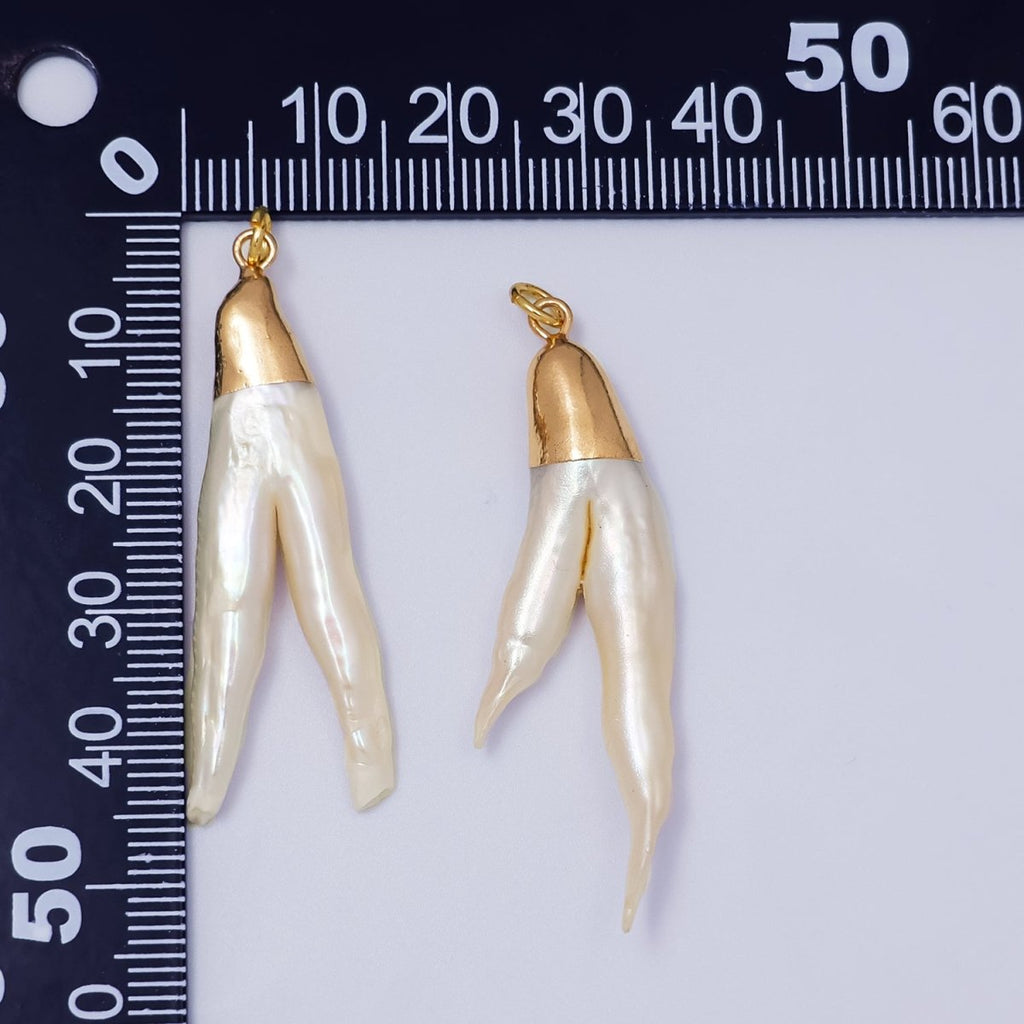 24K Gold plated Double Biwa V White Freshwater Pearl Foil Charm | P1941 - DLUXCA
