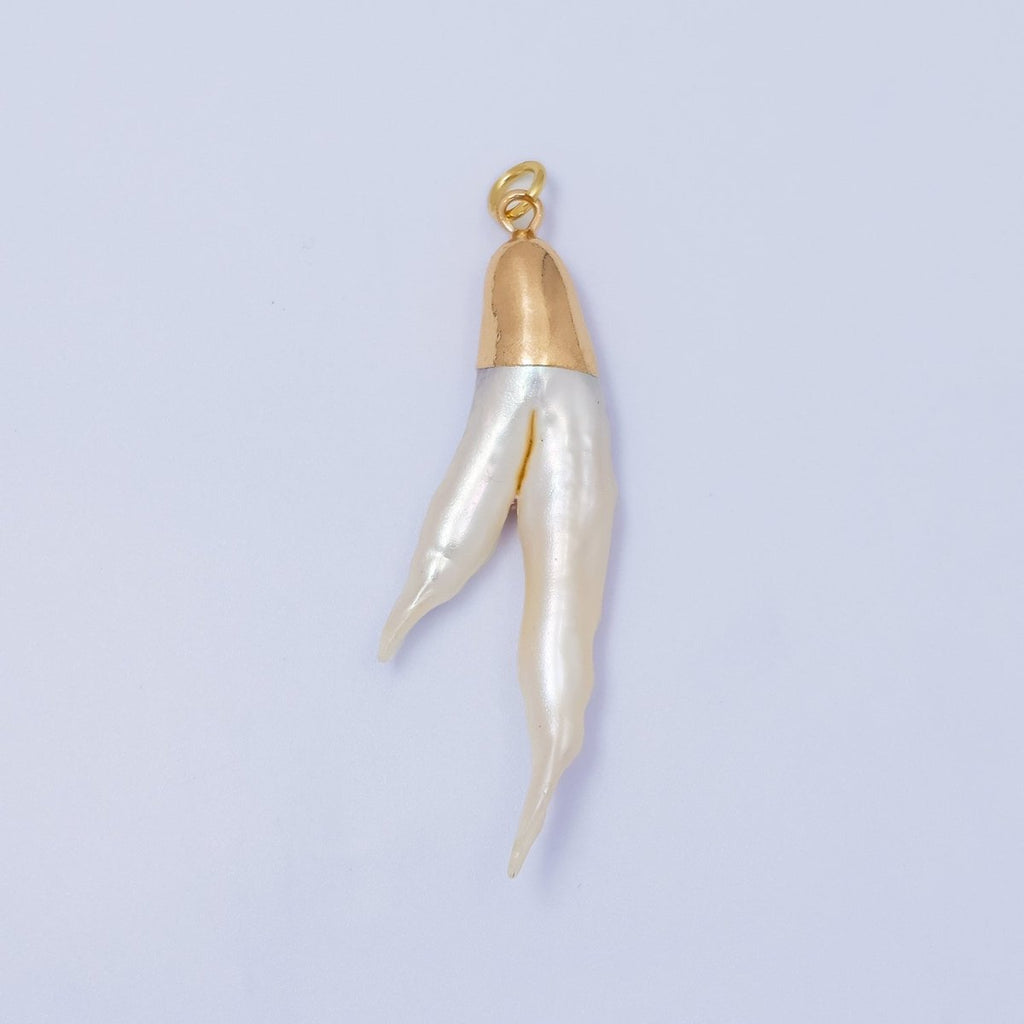 24K Gold plated Double Biwa V White Freshwater Pearl Foil Charm | P1941 - DLUXCA