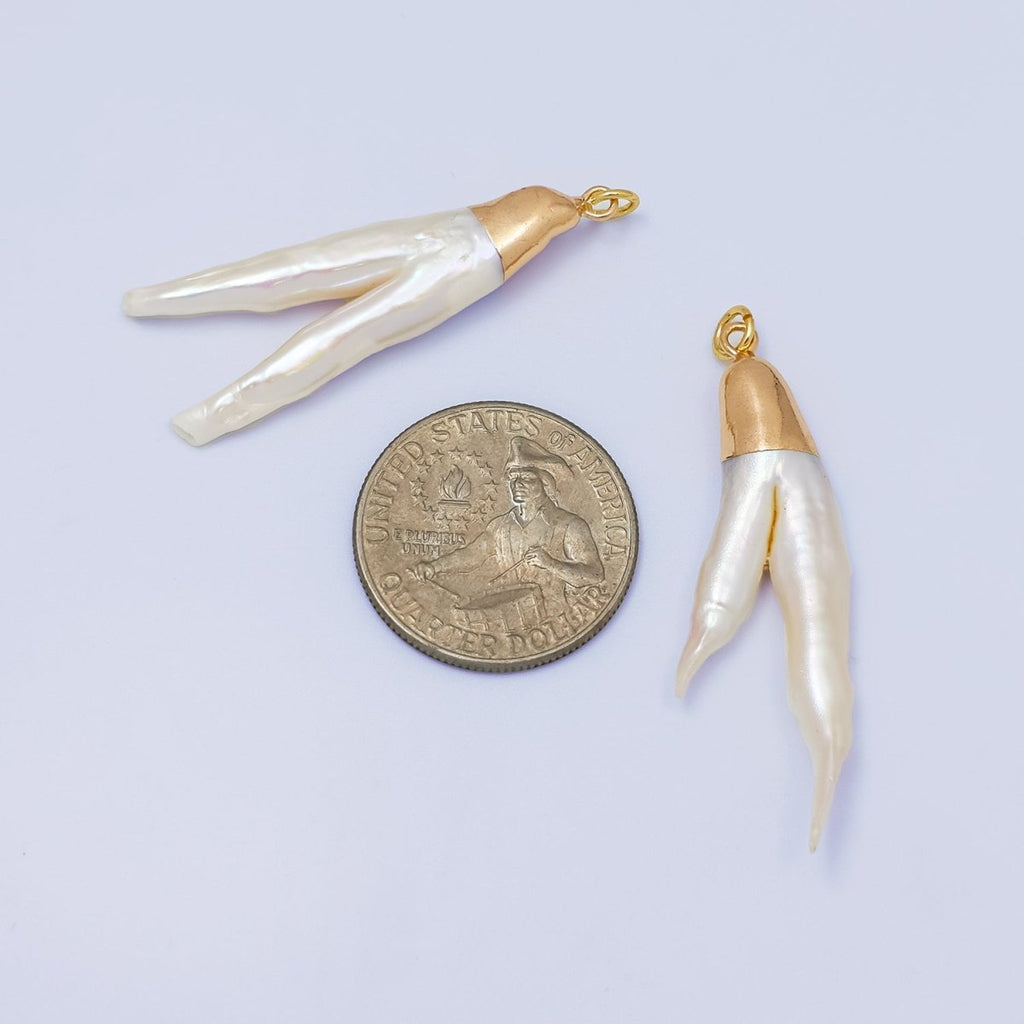 24K Gold plated Double Biwa V White Freshwater Pearl Foil Charm | P1941 - DLUXCA