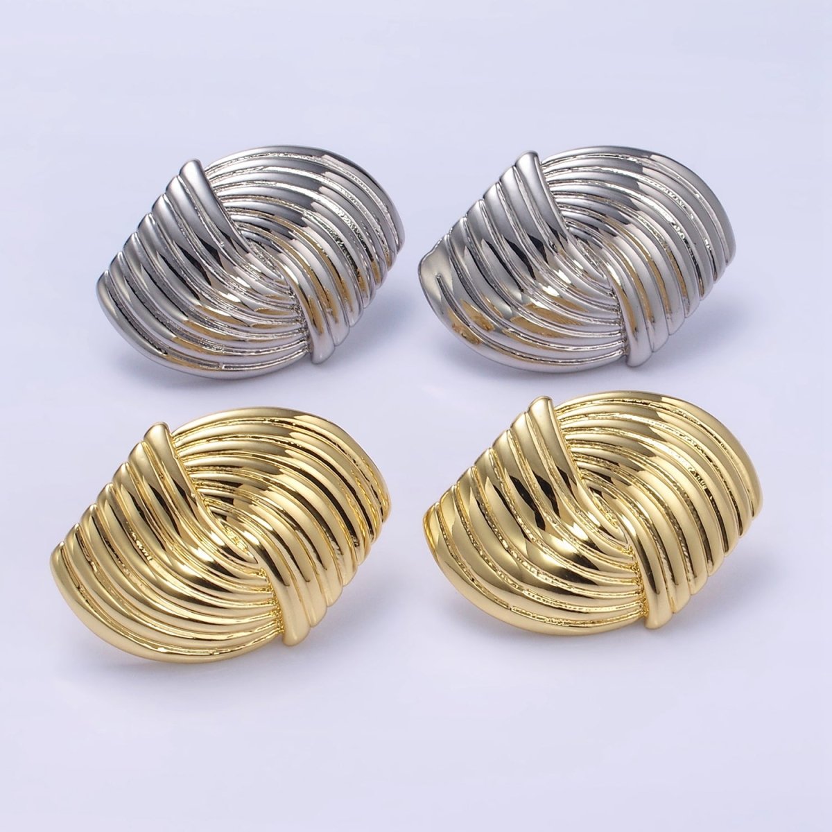 24K Gold plated Double Curved Puffed Lined Geometric Stud Earrings in Gold & Silver | T314 T315 - DLUXCA