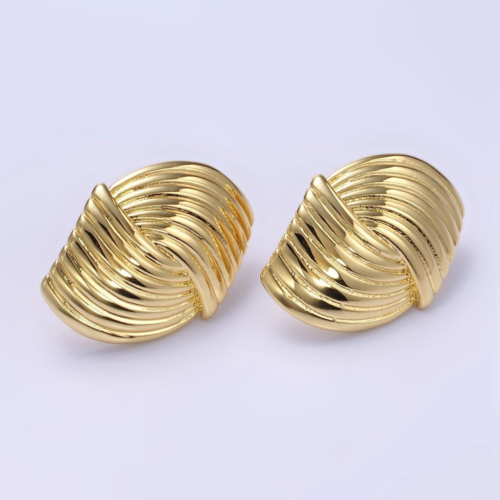 24K Gold plated Double Curved Puffed Lined Geometric Stud Earrings in Gold & Silver | T314 T315 - DLUXCA