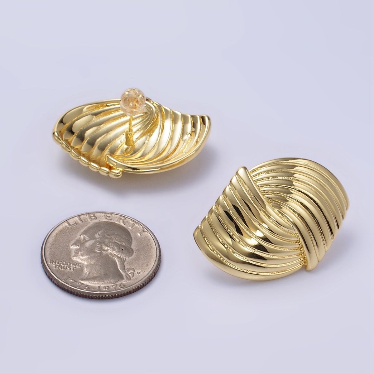 24K Gold plated Double Curved Puffed Lined Geometric Stud Earrings in Gold & Silver | T314 T315 - DLUXCA