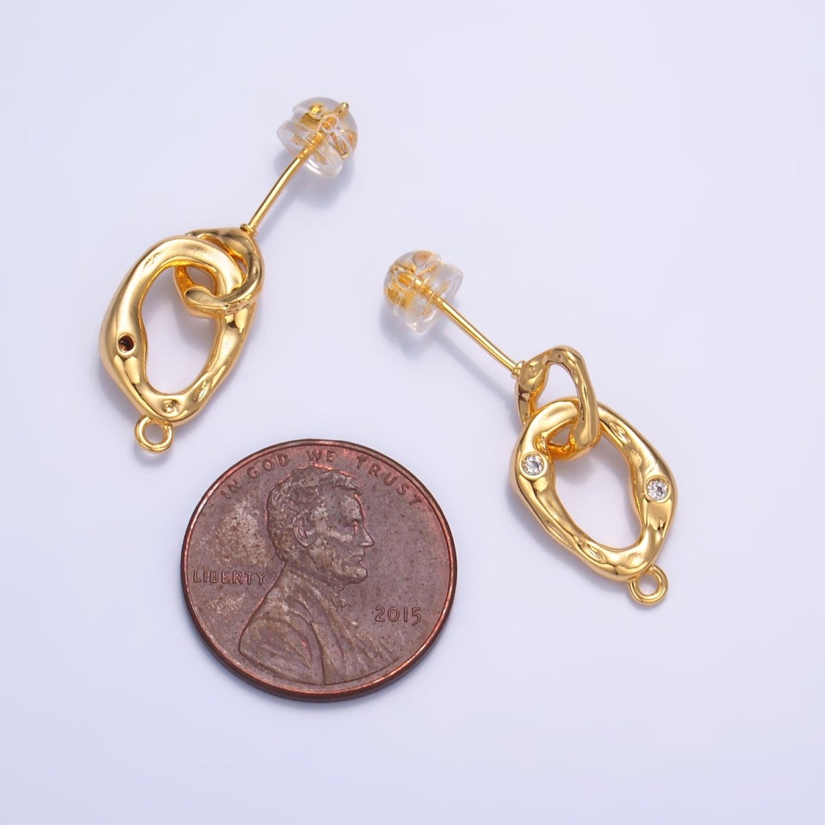 24K Gold plated Double CZ Hammered Loop Drop Stud Earrings Findings | Z1012 - DLUXCA