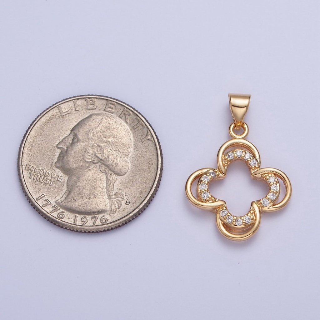 24K Gold plated Double Four Leaf Lucky Clover Micro Pave CZ For Jewelry Making X-453 - DLUXCA