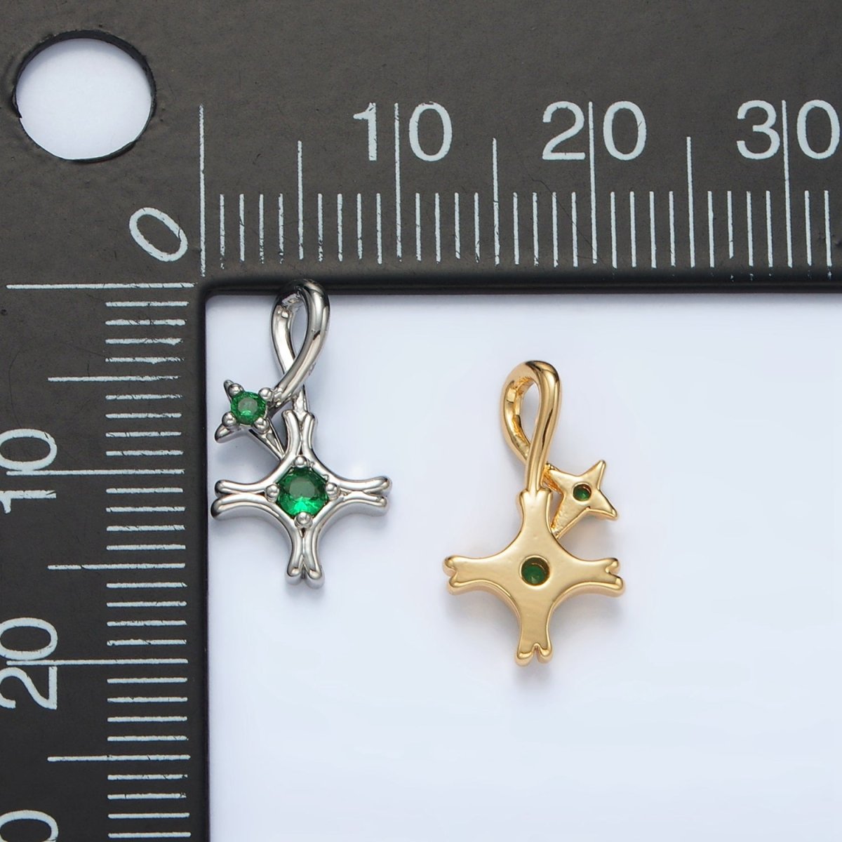 24K Gold plated Double Green CZ Celestial Star Charm in Gold & Silver | AA1513