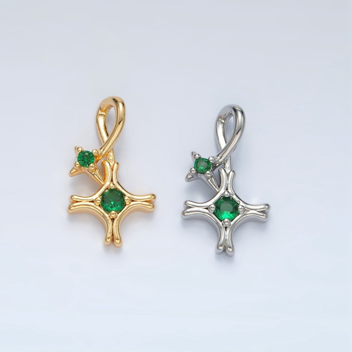 24K Gold plated Double Green CZ Celestial Star Charm in Gold & Silver | AA1513