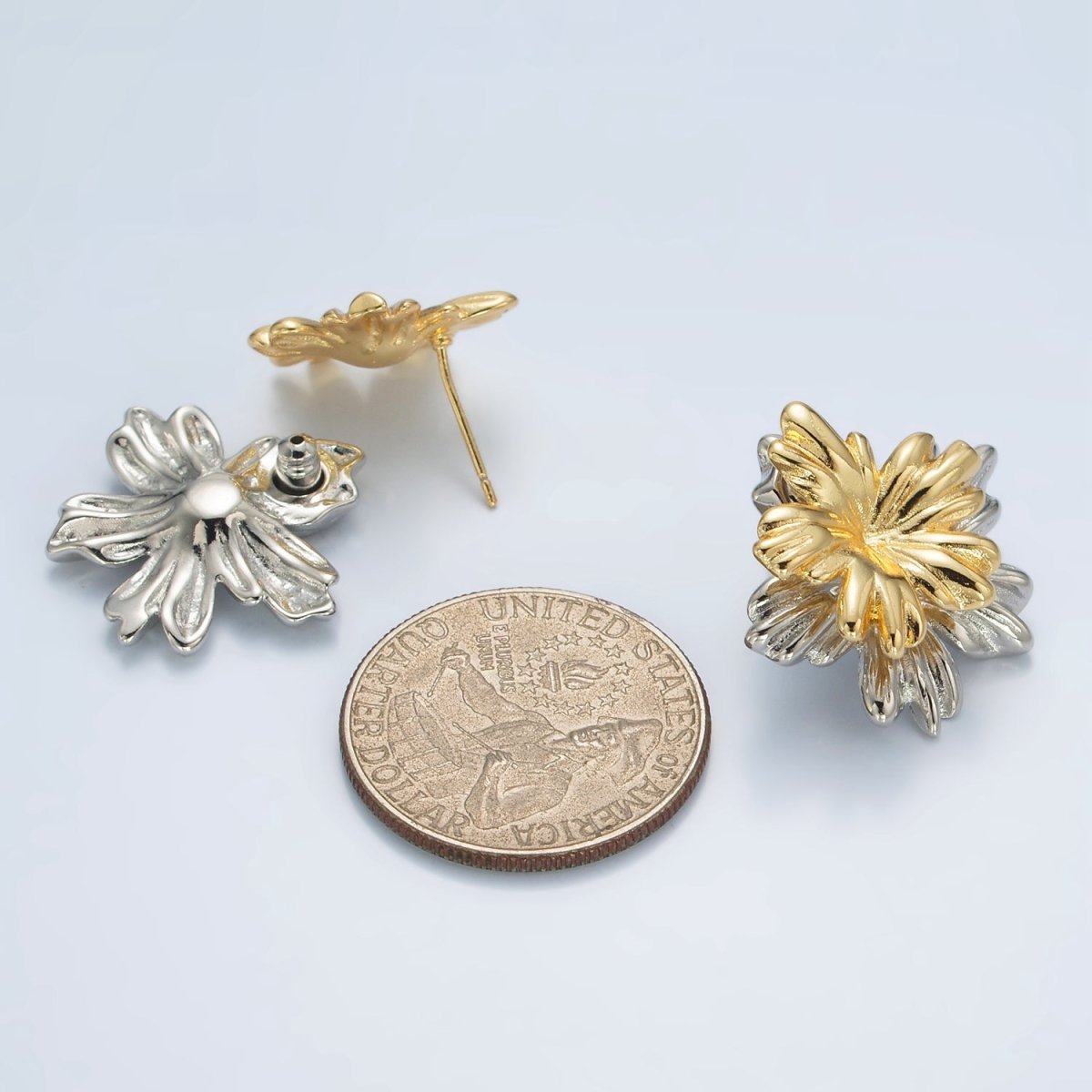 24K Gold plated Double Metal Flower Pop Stud Earring | V - 090 - DLUXCA