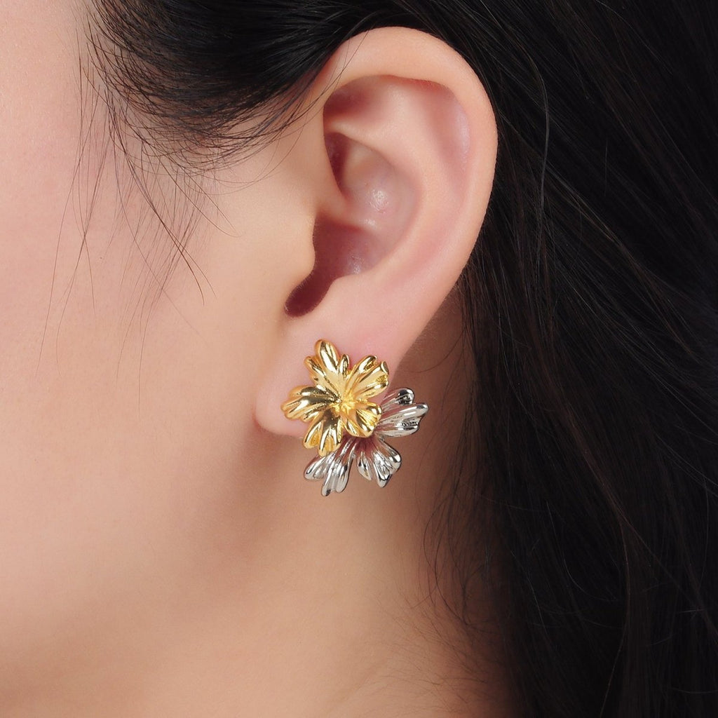 24K Gold plated Double Metal Flower Pop Stud Earring | V - 090 - DLUXCA