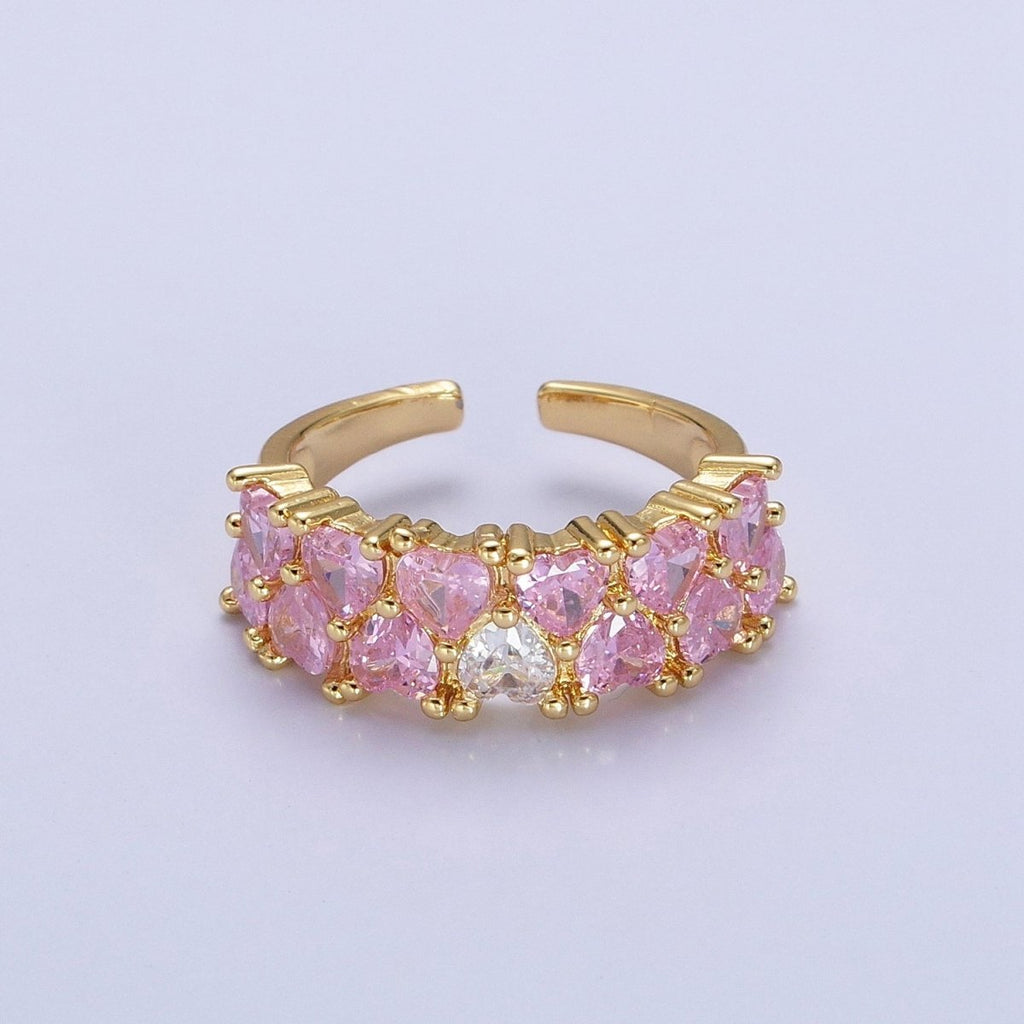 24K Gold plated Double Pink Clear Hearts Band Adjustable Ring in Gold & Silver | R-258 R-273
