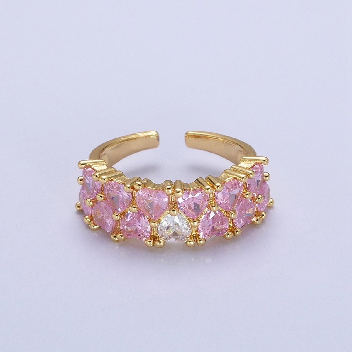 24K Gold plated Double Pink Clear Hearts Band Adjustable Ring in Gold & Silver | R-258 R-273