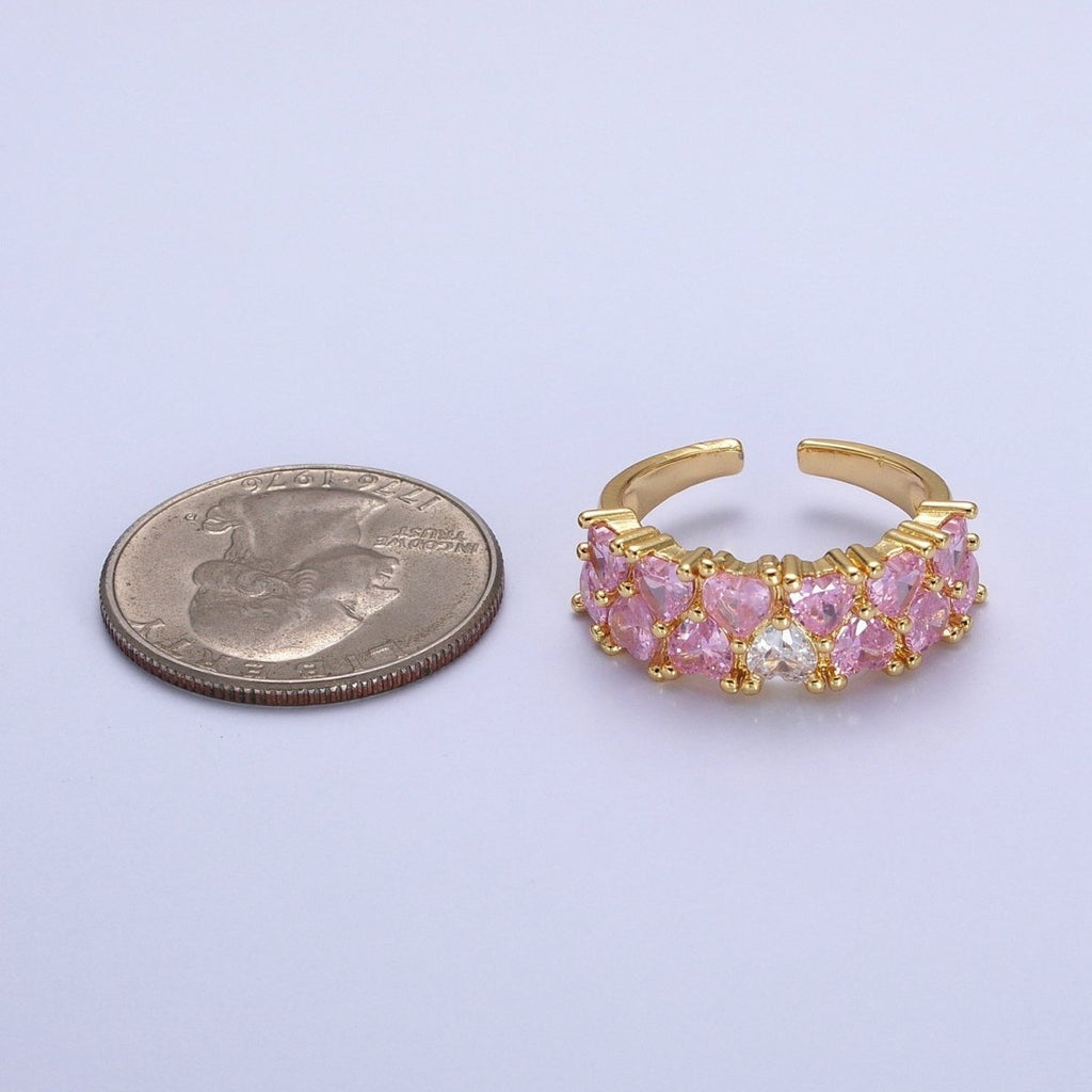 24K Gold plated Double Pink Clear Hearts Band Adjustable Ring in Gold & Silver | R-258 R-273