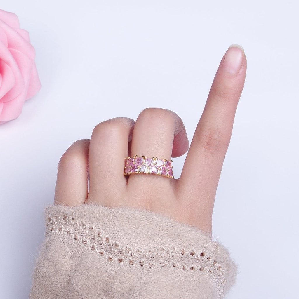 24K Gold plated Double Pink Clear Hearts Band Adjustable Ring in Gold & Silver | R-258 R-273