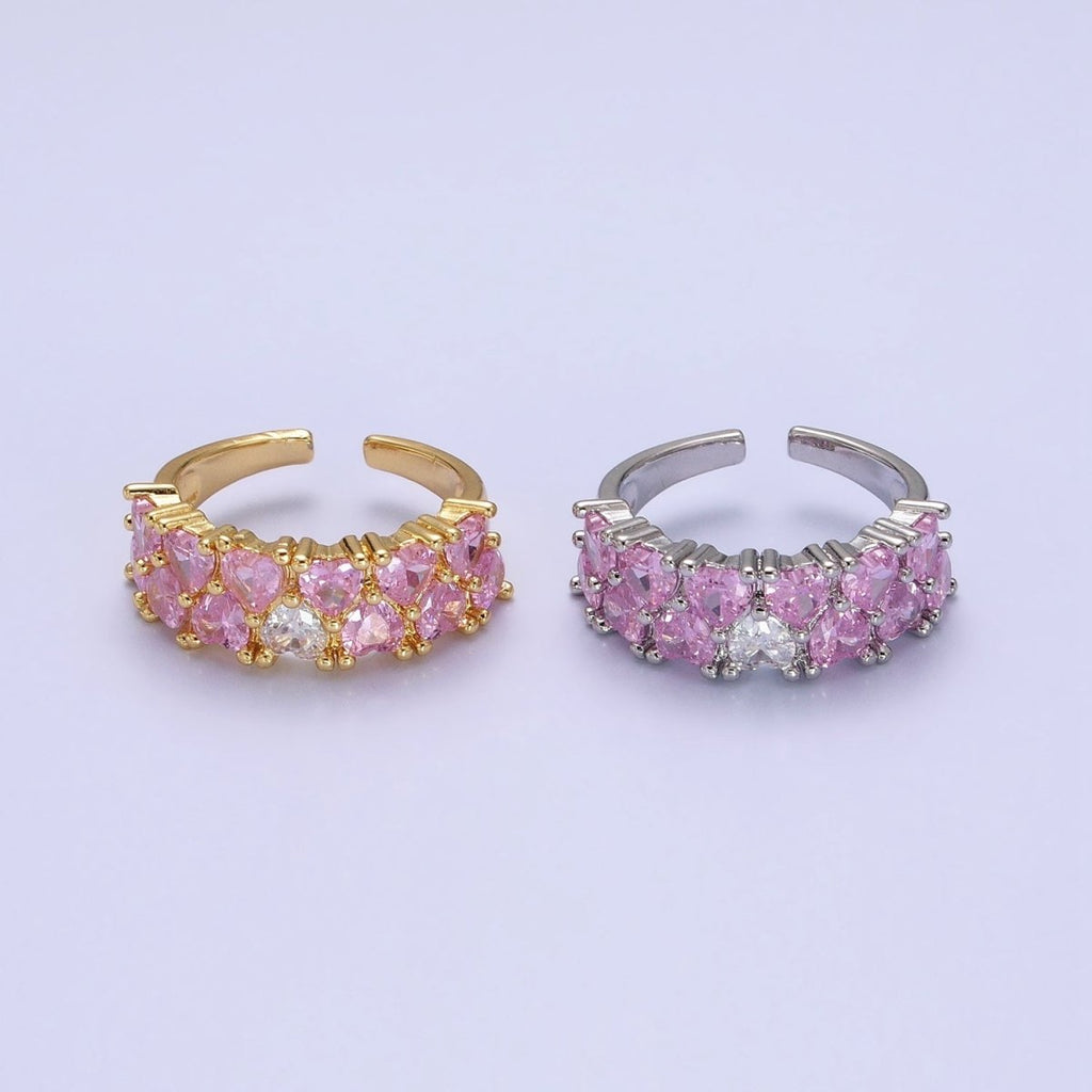 24K Gold plated Double Pink Clear Hearts Band Adjustable Ring in Gold & Silver | R-258 R-273