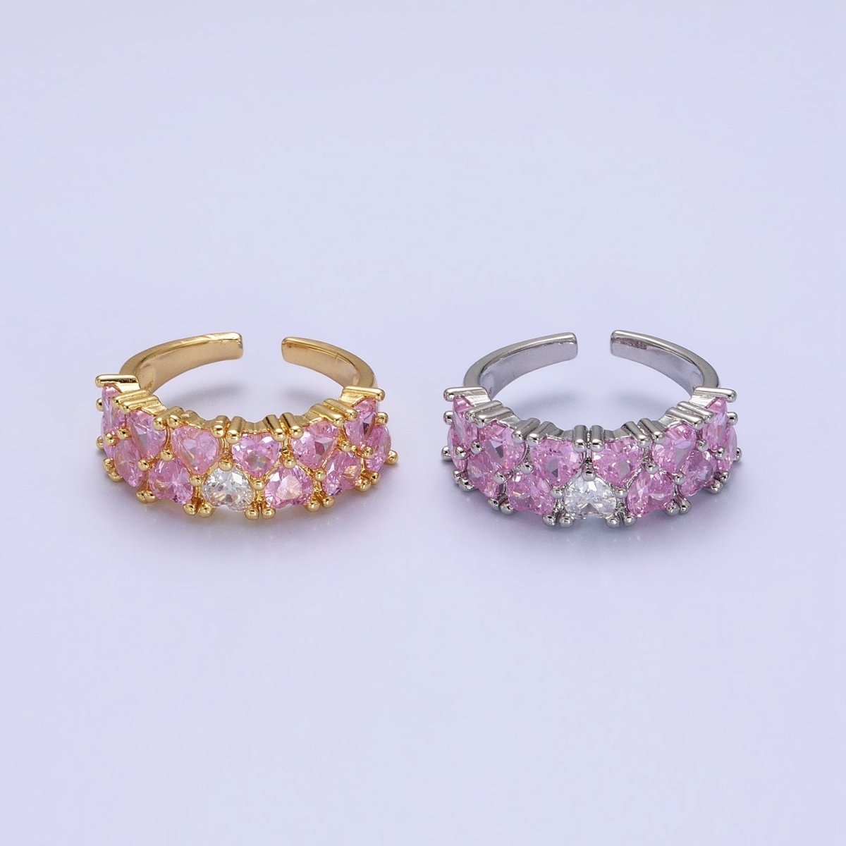 24K Gold plated Double Pink Clear Hearts Band Adjustable Ring in Gold & Silver | R-258 R-273
