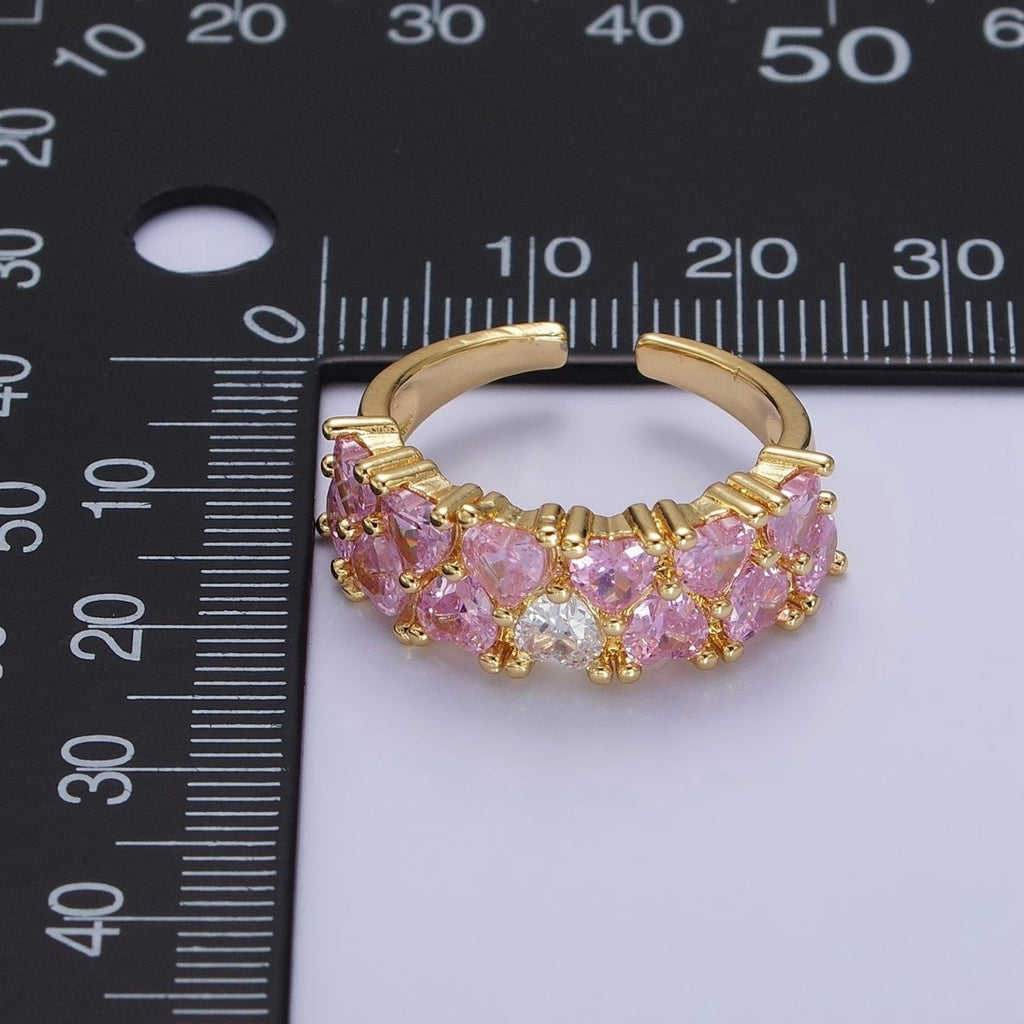 24K Gold plated Double Pink Clear Hearts Band Adjustable Ring in Gold & Silver | R-258 R-273