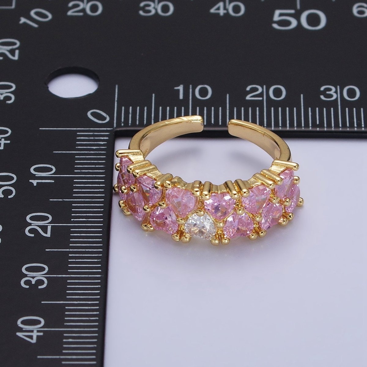 24K Gold plated Double Pink Clear Hearts Band Adjustable Ring in Gold & Silver | R-258 R-273