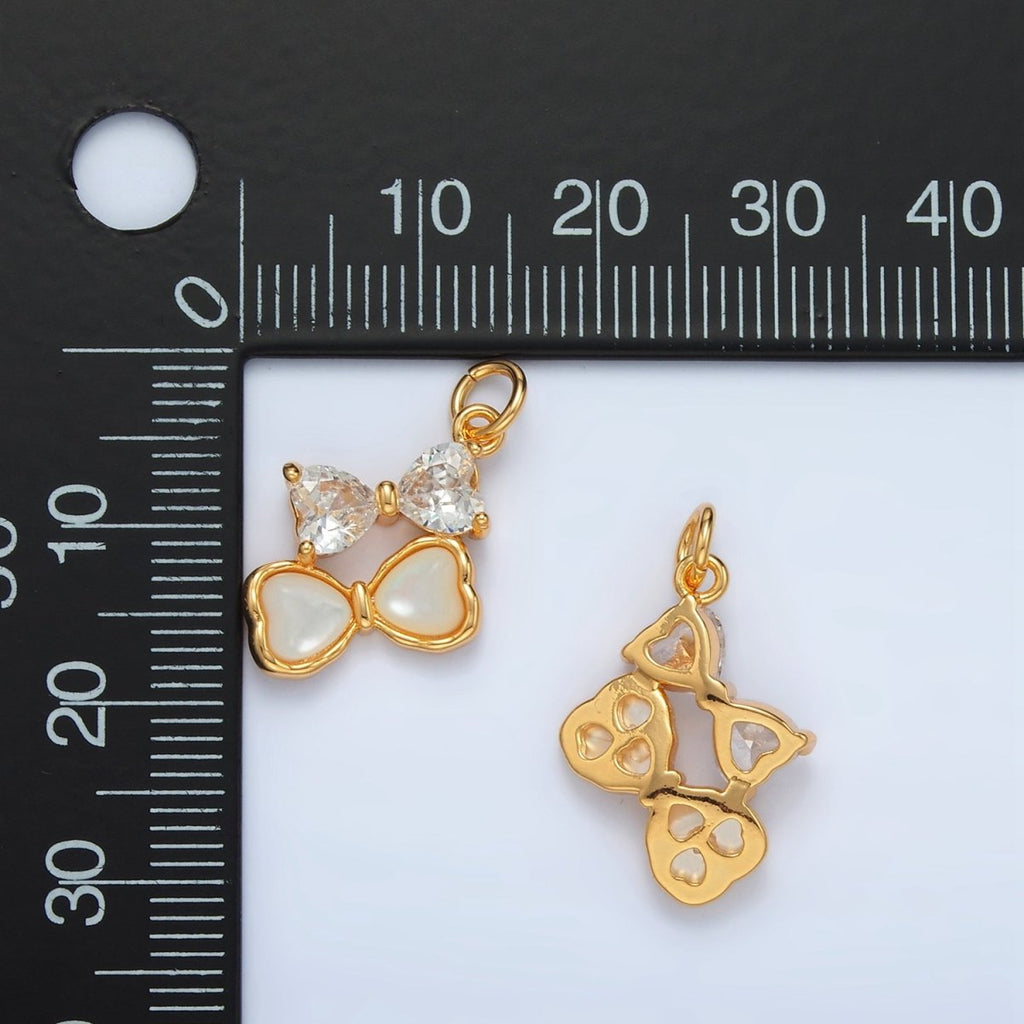24K Gold plated Double Ribbon Bow Shell Pearl CZ Charm | AG934 - DLUXCA