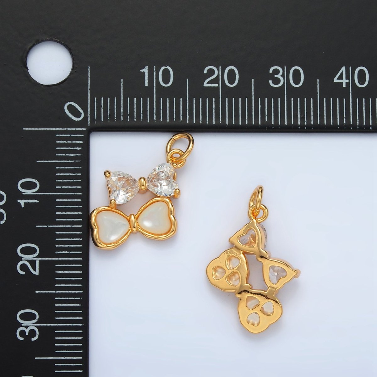 24K Gold plated Double Ribbon Bow Shell Pearl CZ Charm | AG934 - DLUXCA