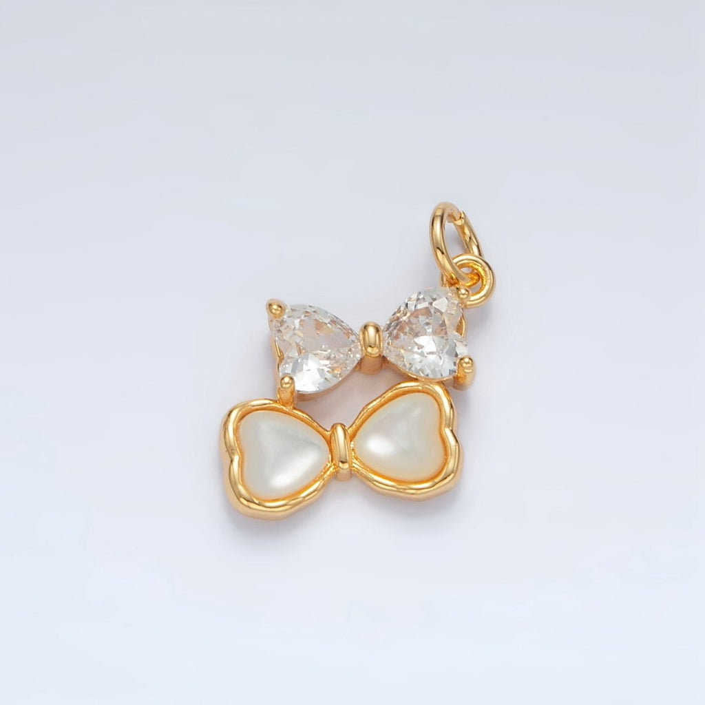 24K Gold plated Double Ribbon Bow Shell Pearl CZ Charm | AG934 - DLUXCA
