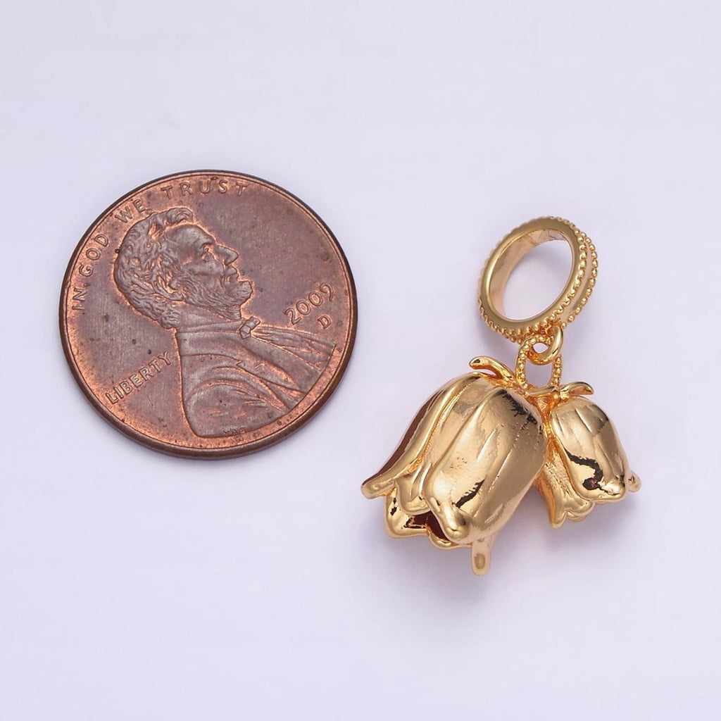 24K Gold plated Double Rose Flower Beaded Thin Rhondelle Bail Pendant | AA570 - DLUXCA