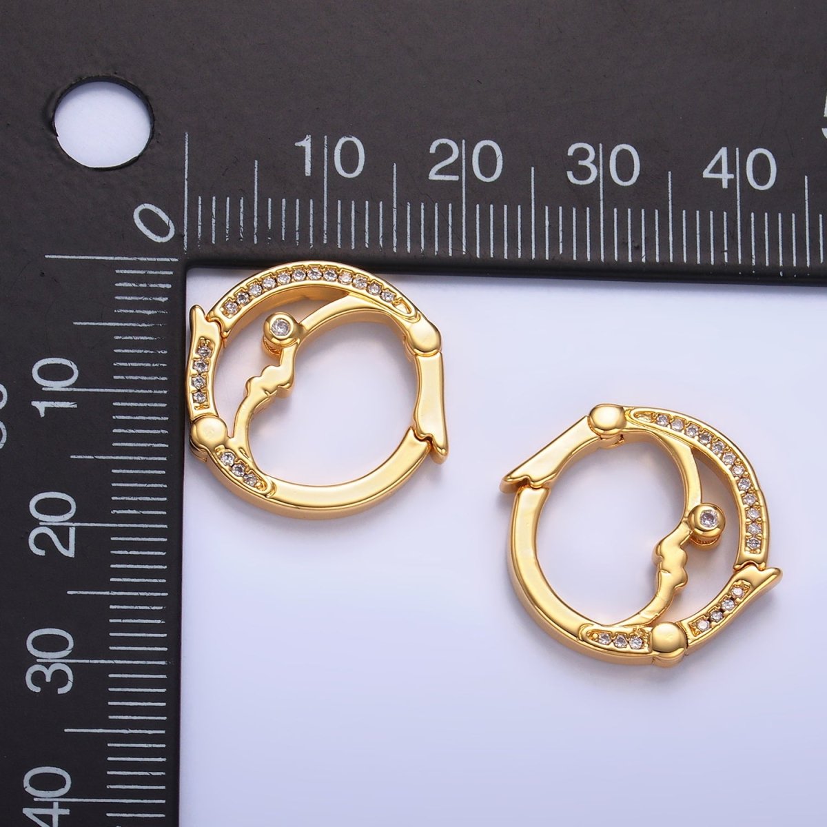 24K Gold plated Double Sided Pull Closure Micro Paved CZ Celestial Moon Face Findings | Z1027 - DLUXCA
