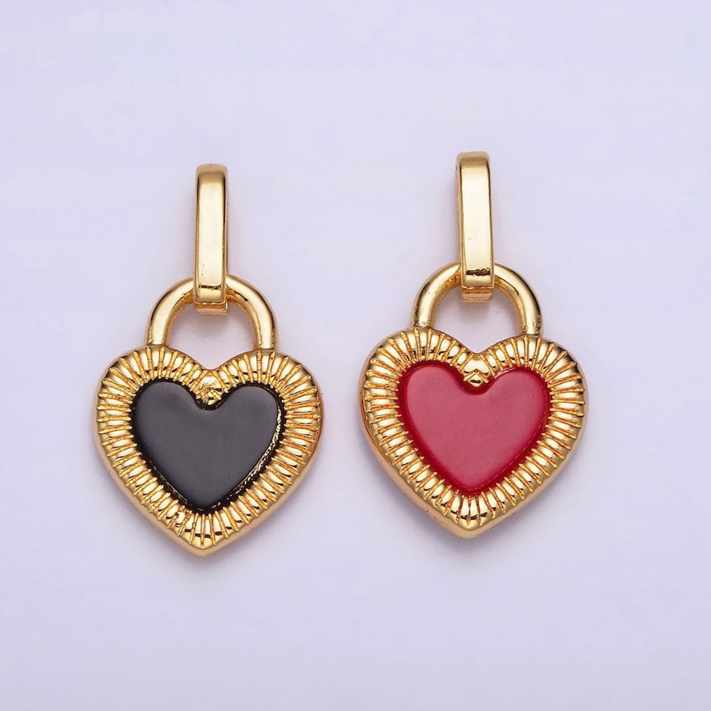 24K Gold plated Double Sided Red Carnelian Onyx Line-Textured Heart Lock Pendant | AA599 - DLUXCA
