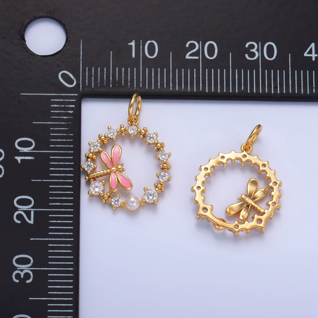 24K Gold plated Dragonfly Enamel CZ Open Circular Charm | W109 - DLUXCA