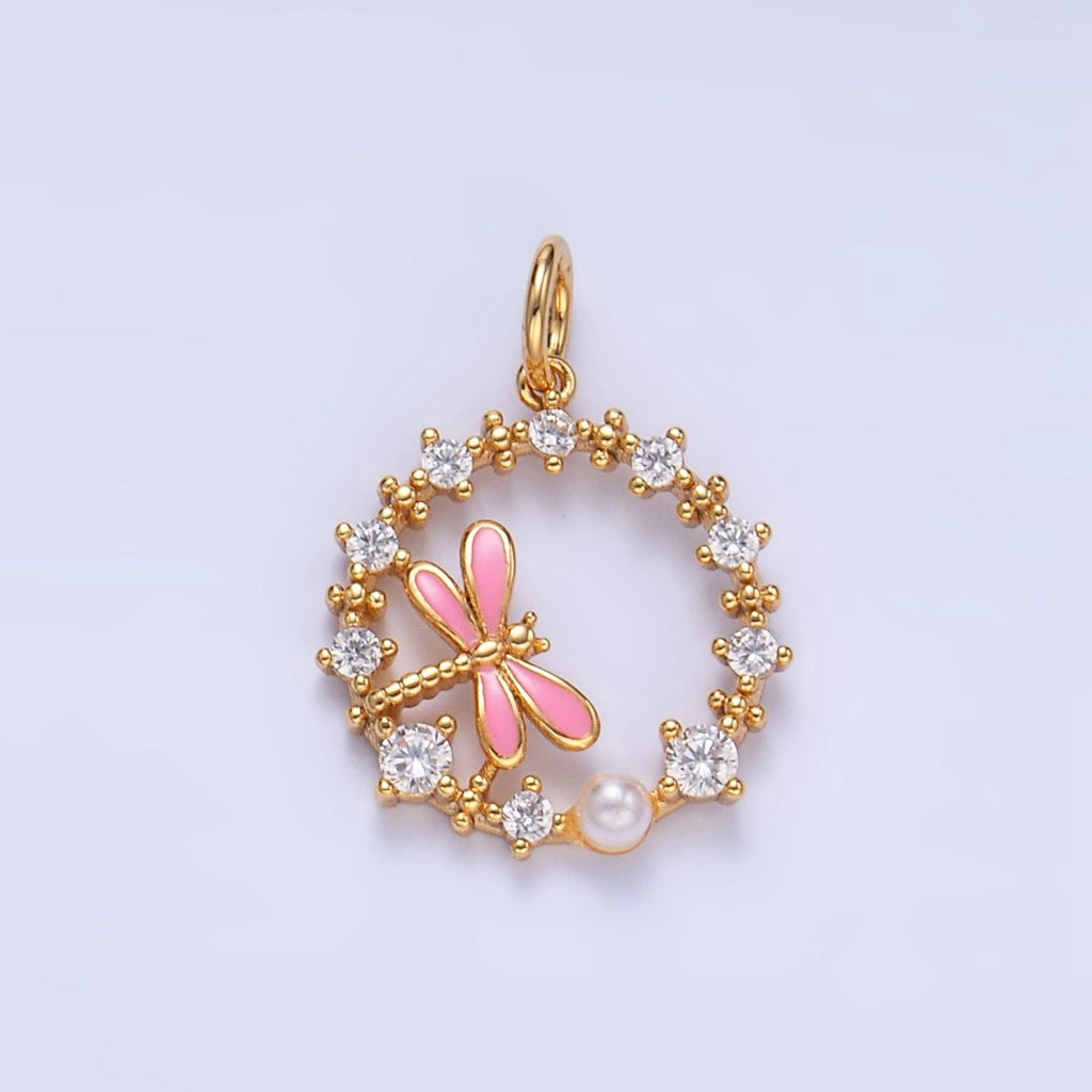 24K Gold plated Dragonfly Enamel CZ Open Circular Charm | W109 - DLUXCA