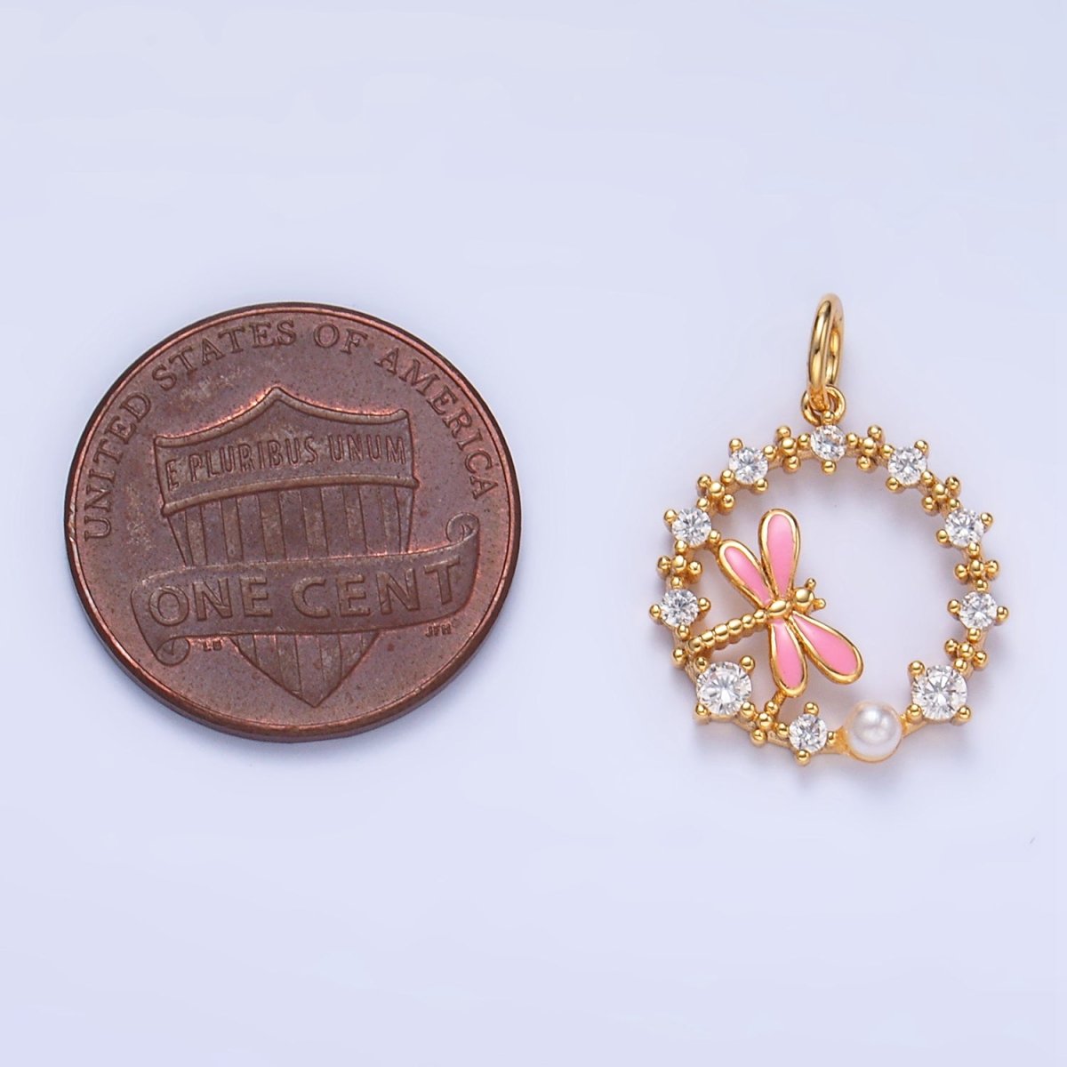 24K Gold plated Dragonfly Enamel CZ Open Circular Charm | W109 - DLUXCA