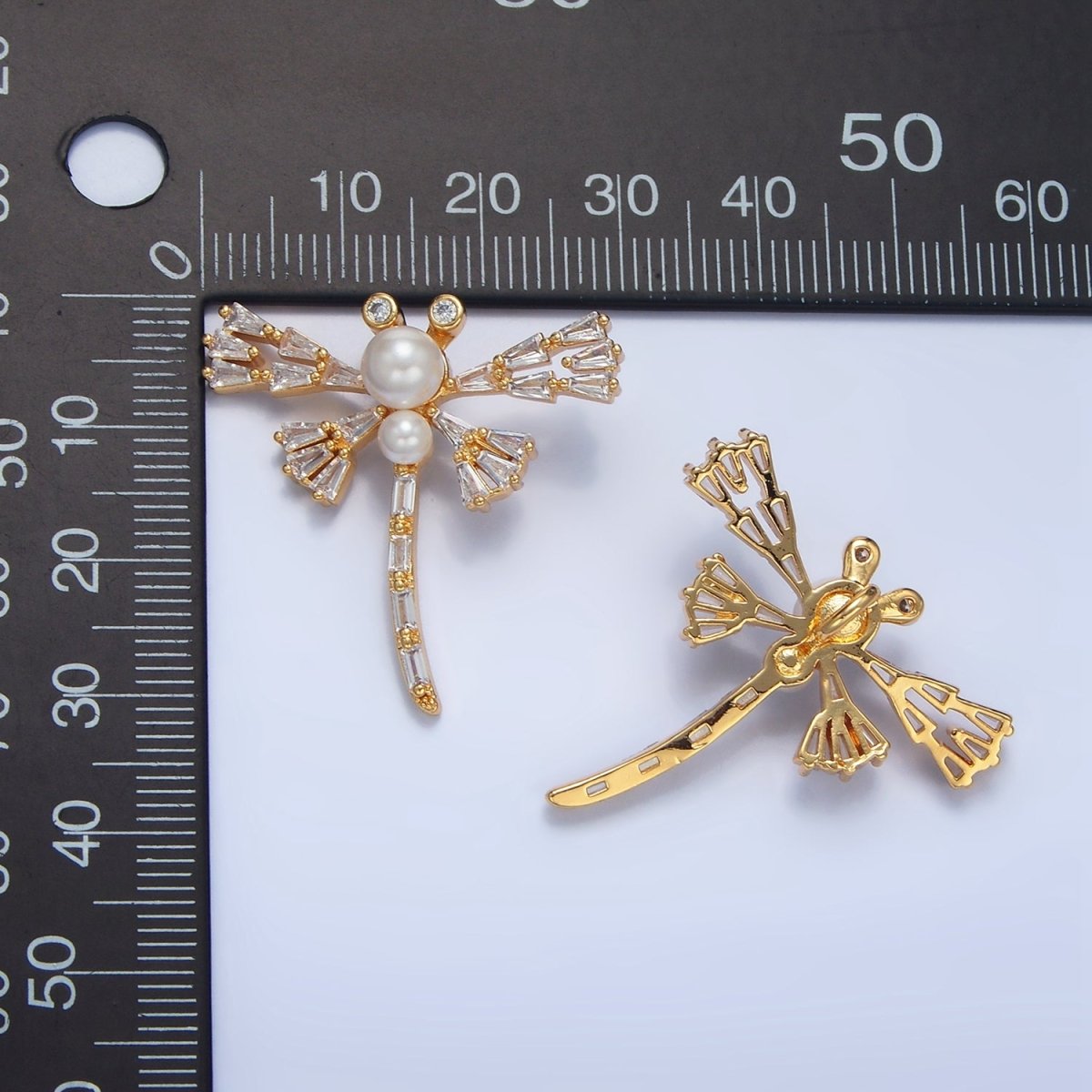 24K Gold plated Dragonfly Insect Shell Pearl Baguette CZ Pendant | AA951 - DLUXCA