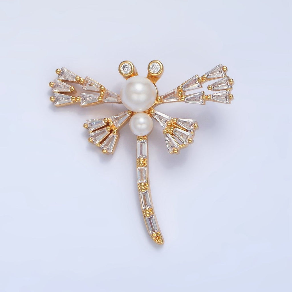 24K Gold plated Dragonfly Insect Shell Pearl Baguette CZ Pendant | AA951 - DLUXCA