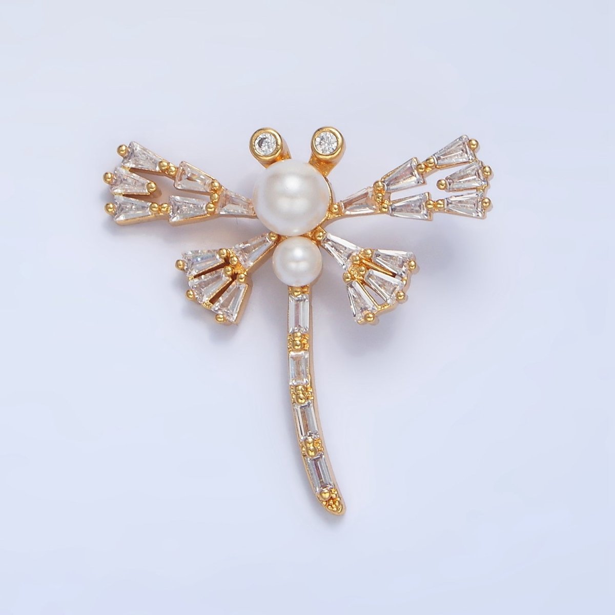 24K Gold plated Dragonfly Insect Shell Pearl Baguette CZ Pendant | AA951 - DLUXCA