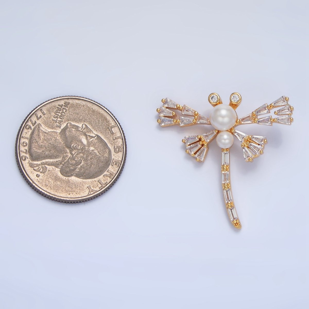24K Gold plated Dragonfly Insect Shell Pearl Baguette CZ Pendant | AA951 - DLUXCA