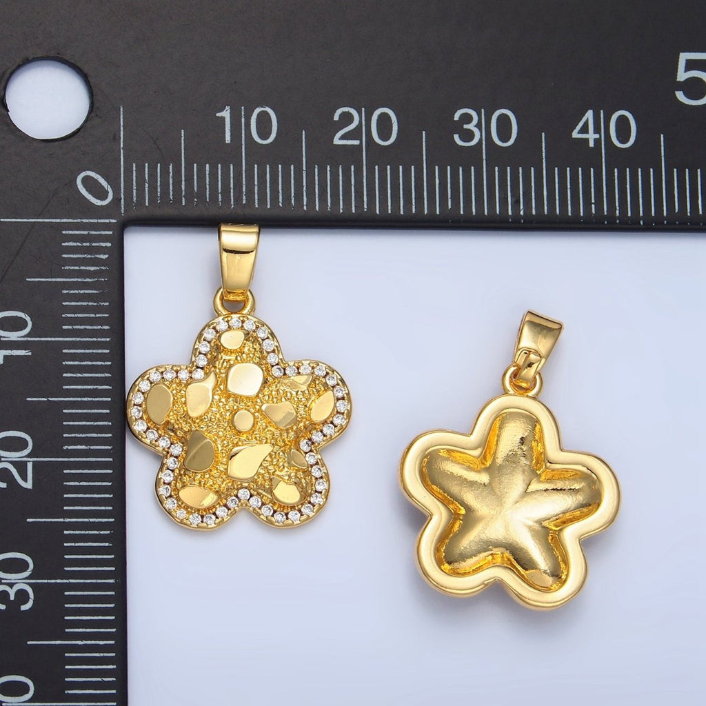 24K Gold plated Edged Textured Micro Paved CZ Flower Pendant | AA789 - DLUXCA