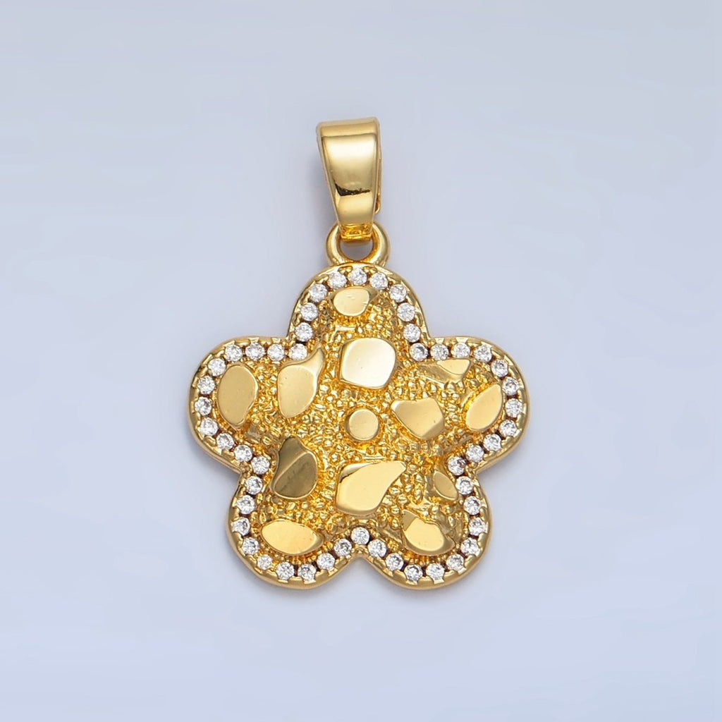 24K Gold plated Edged Textured Micro Paved CZ Flower Pendant | AA789 - DLUXCA