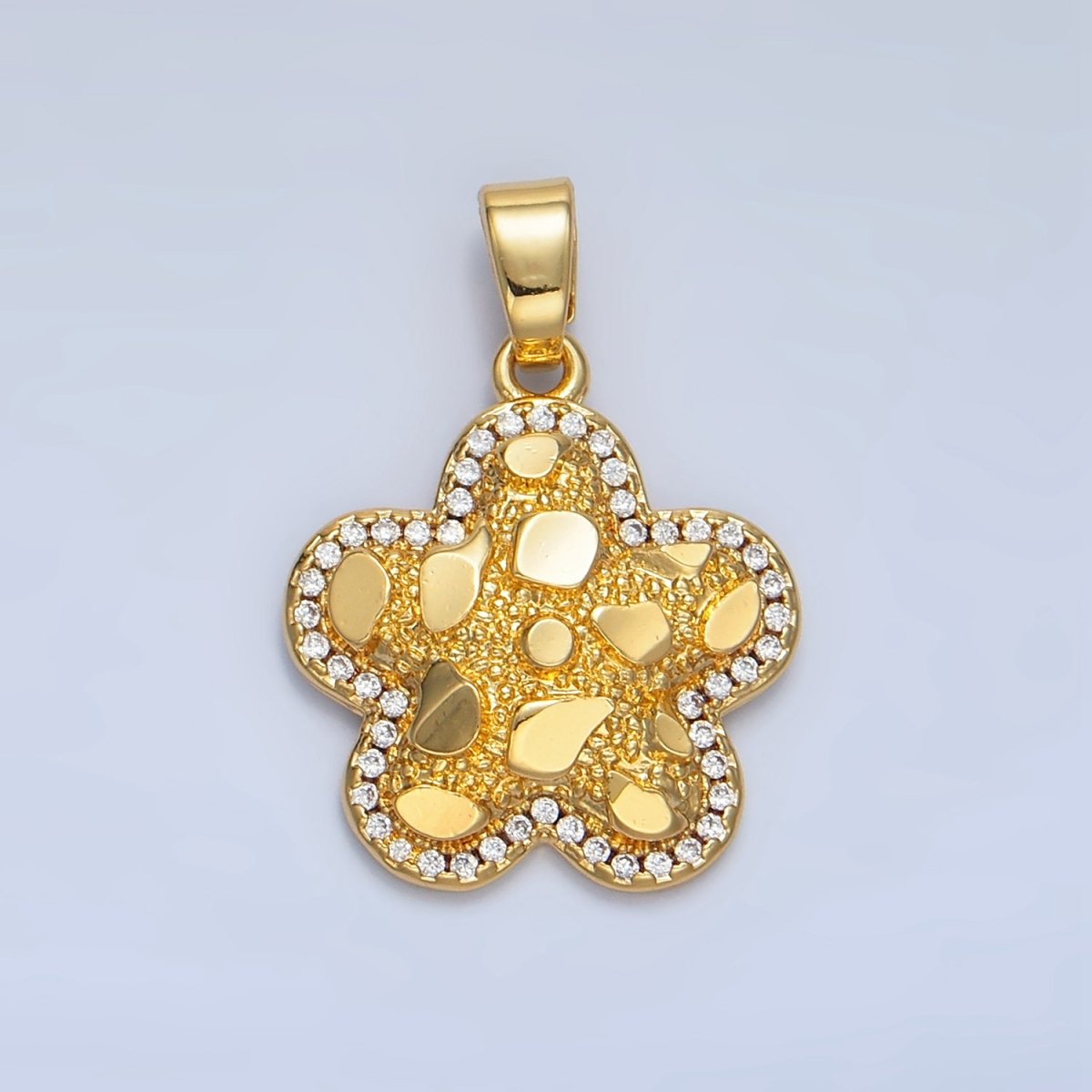 24K Gold plated Edged Textured Micro Paved CZ Flower Pendant | AA789 - DLUXCA