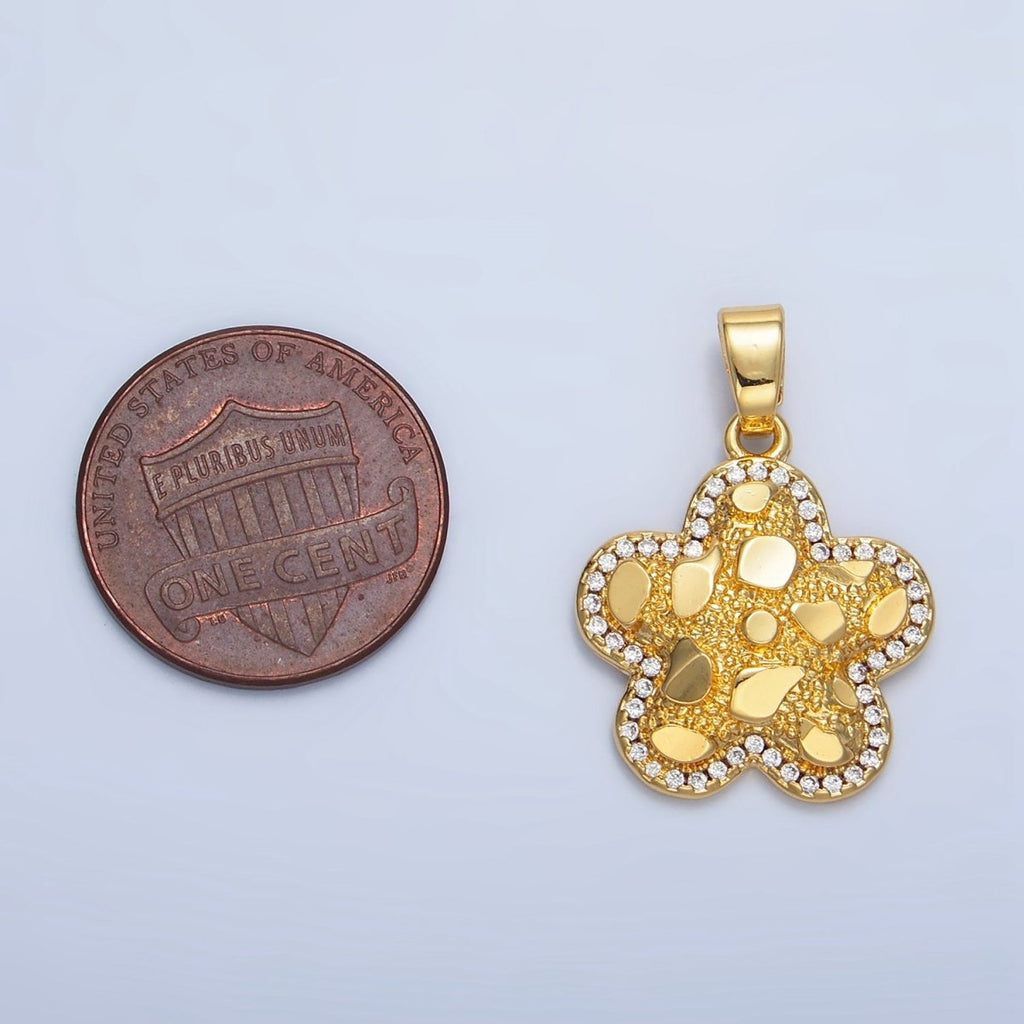 24K Gold plated Edged Textured Micro Paved CZ Flower Pendant | AA789 - DLUXCA