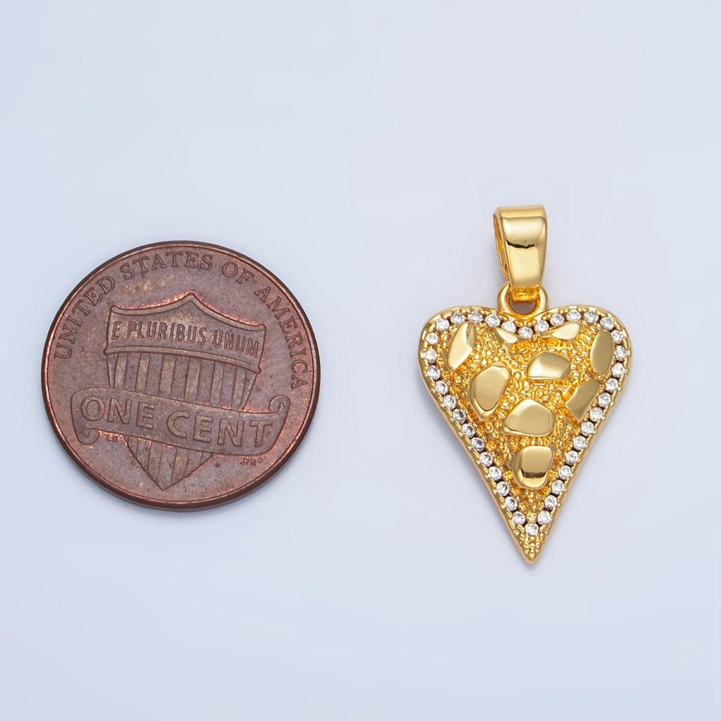 24K Gold plated Edged Textured Micro Paved CZ Heart Pendant | AA791 - DLUXCA
