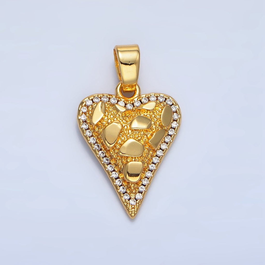 24K Gold plated Edged Textured Micro Paved CZ Heart Pendant | AA791 - DLUXCA