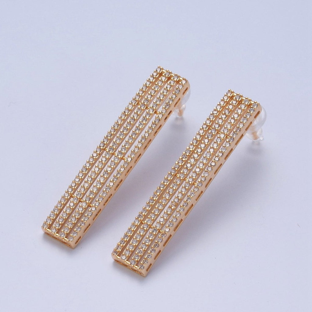 24K Gold plated Elongated Micro Pave Bar Stud Earrings P-309 - DLUXCA