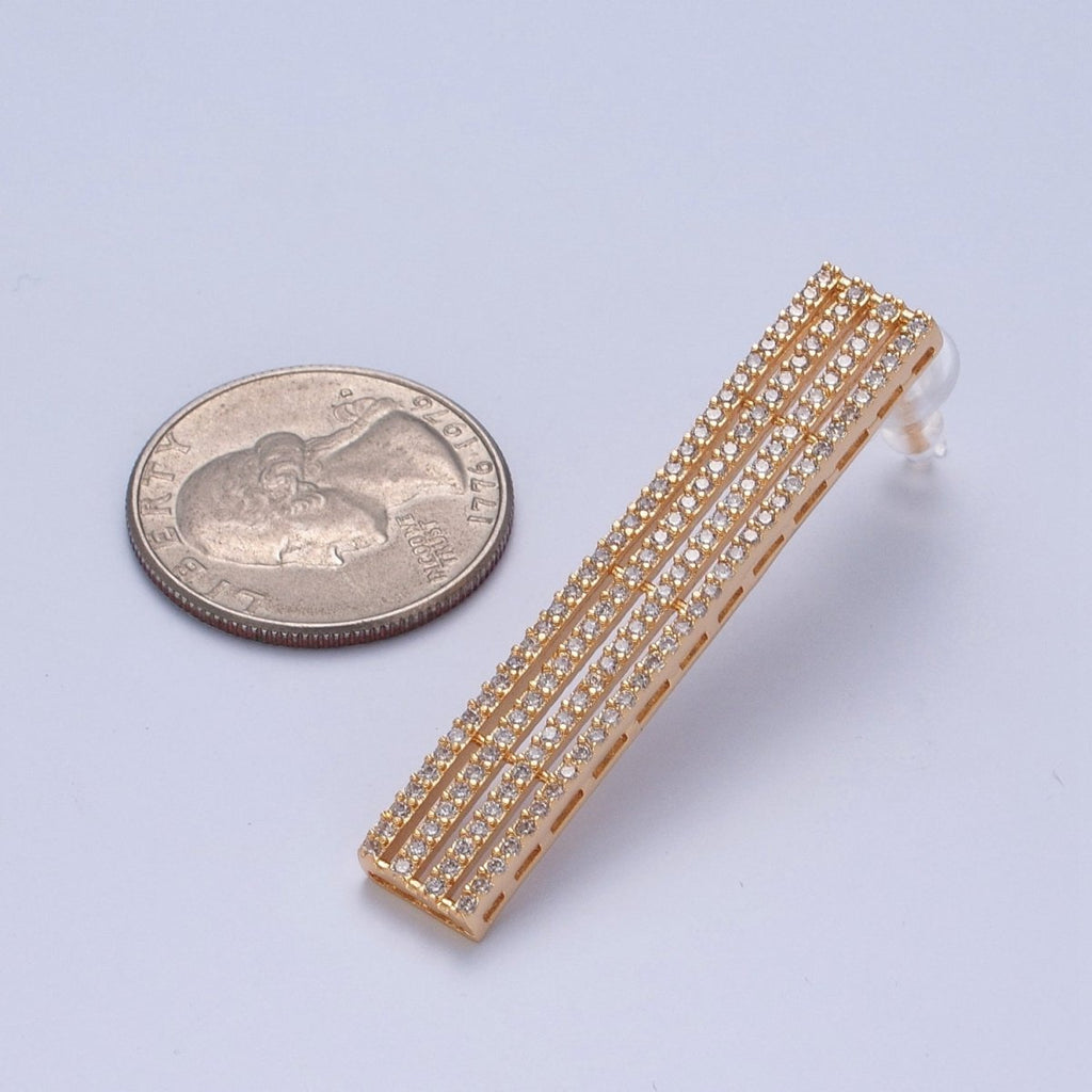 24K Gold plated Elongated Micro Pave Bar Stud Earrings P-309 - DLUXCA
